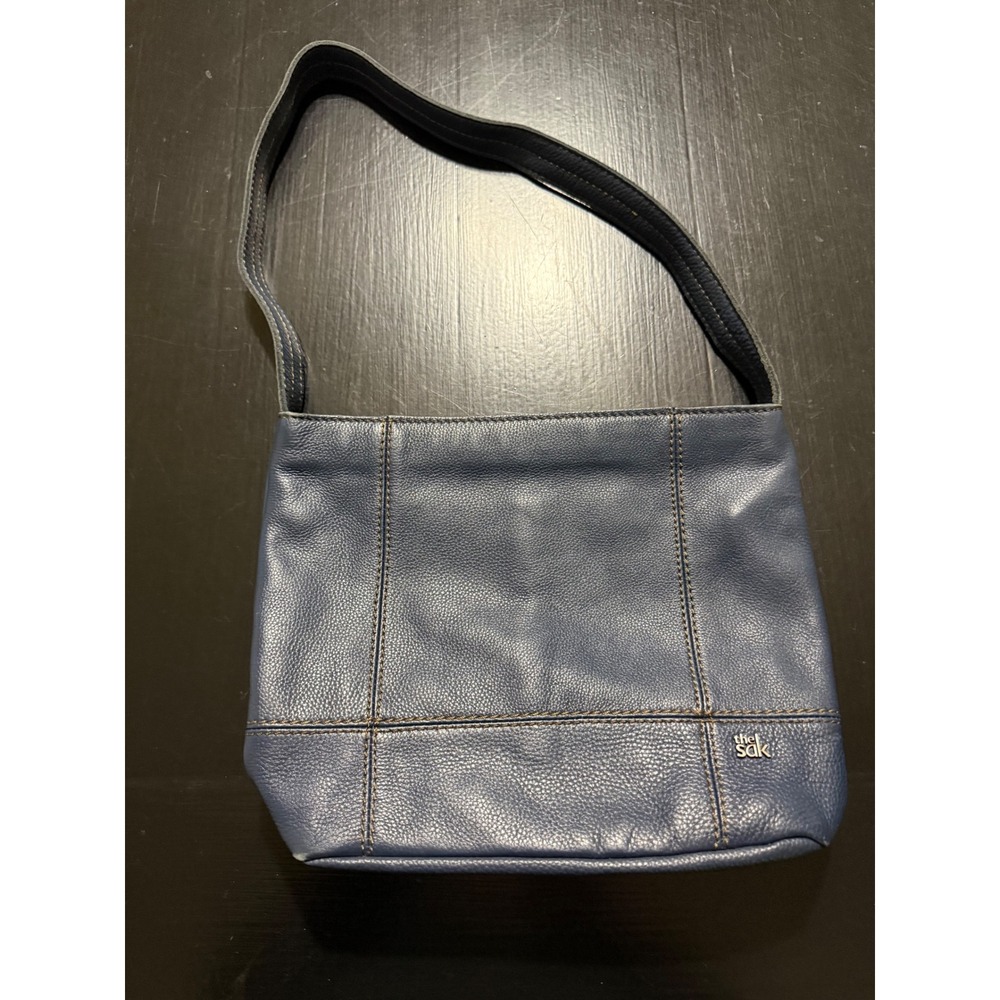 The Sak Navy Blue Pebbled Leather Shoulder Bag Contrast Stitching Hobo Purse